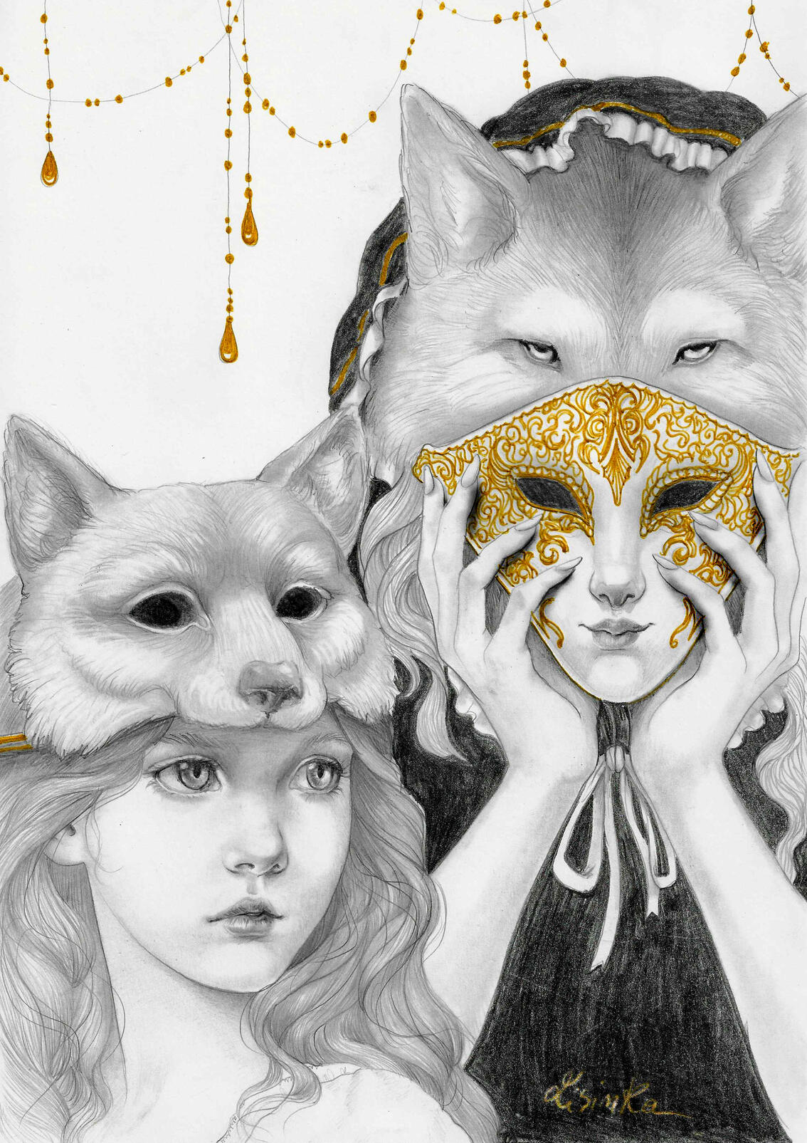 The quiet Huntress - graphite+golden ink